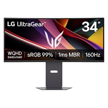 Vy framifrån av LG 34" UltraGear™ 160Hz WQHD Curved Gaming Monitor | AMD FreeSync™ Premium 34G600A-B