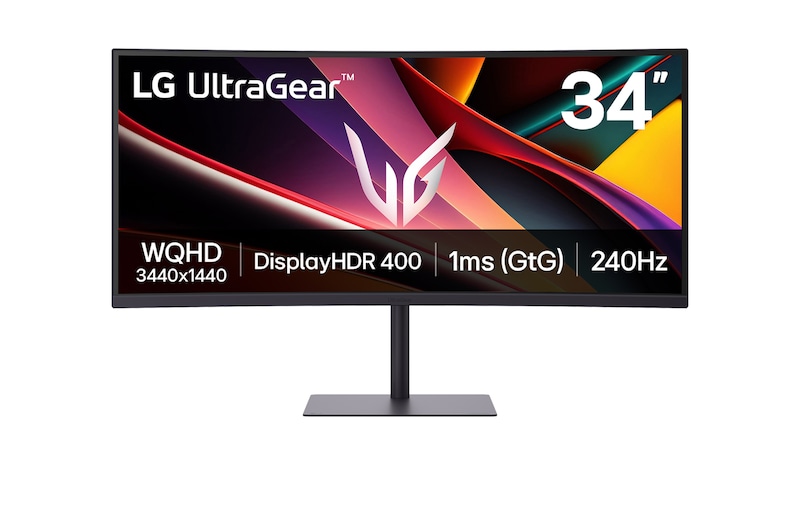 Vy framifrån av LG 34"UltraGear™ 240Hz WQHD-spelskärm | 34G630A med DCI-P3 95 % (typ.), VESA DisplayHDR™ 400, 1 ms (GtG), USB-C (PD 15 W) 34G630A-B