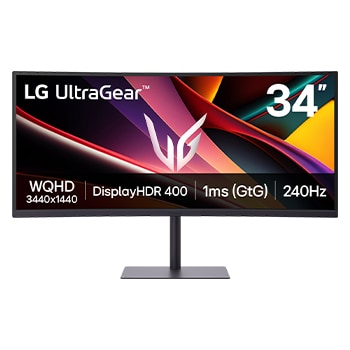 Vy framifrån av LG 34"UltraGear™ 240Hz WQHD-spelskärm | 34G630A med DCI-P3 95 % (typ.), VESA DisplayHDR™ 400, 1 ms (GtG), USB-C (PD 15 W) 34G630A-B