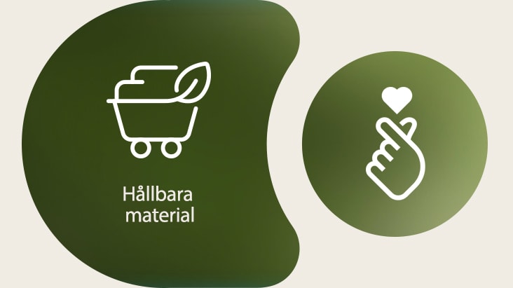 Till vänster visas LG:s ikon för hållbara material med namnet skrivet nedanför. Till höger visas ESG-finger-hjärtikonen.