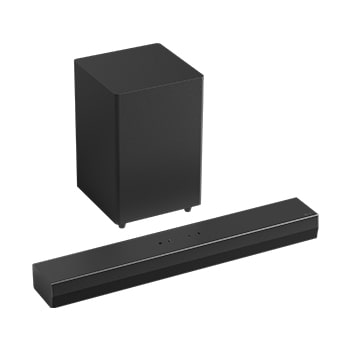 Vy i 45 graders vinkel av soundbar och bashögtalare