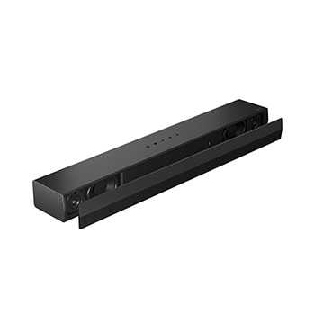 Vy i 45 graders vinkel av soundbar med gallerdel avtagen