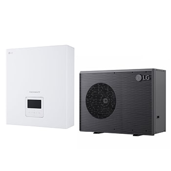 LG luft-vattenvärmepump THERMA V, en svart utomhusenhet med en grå grill.