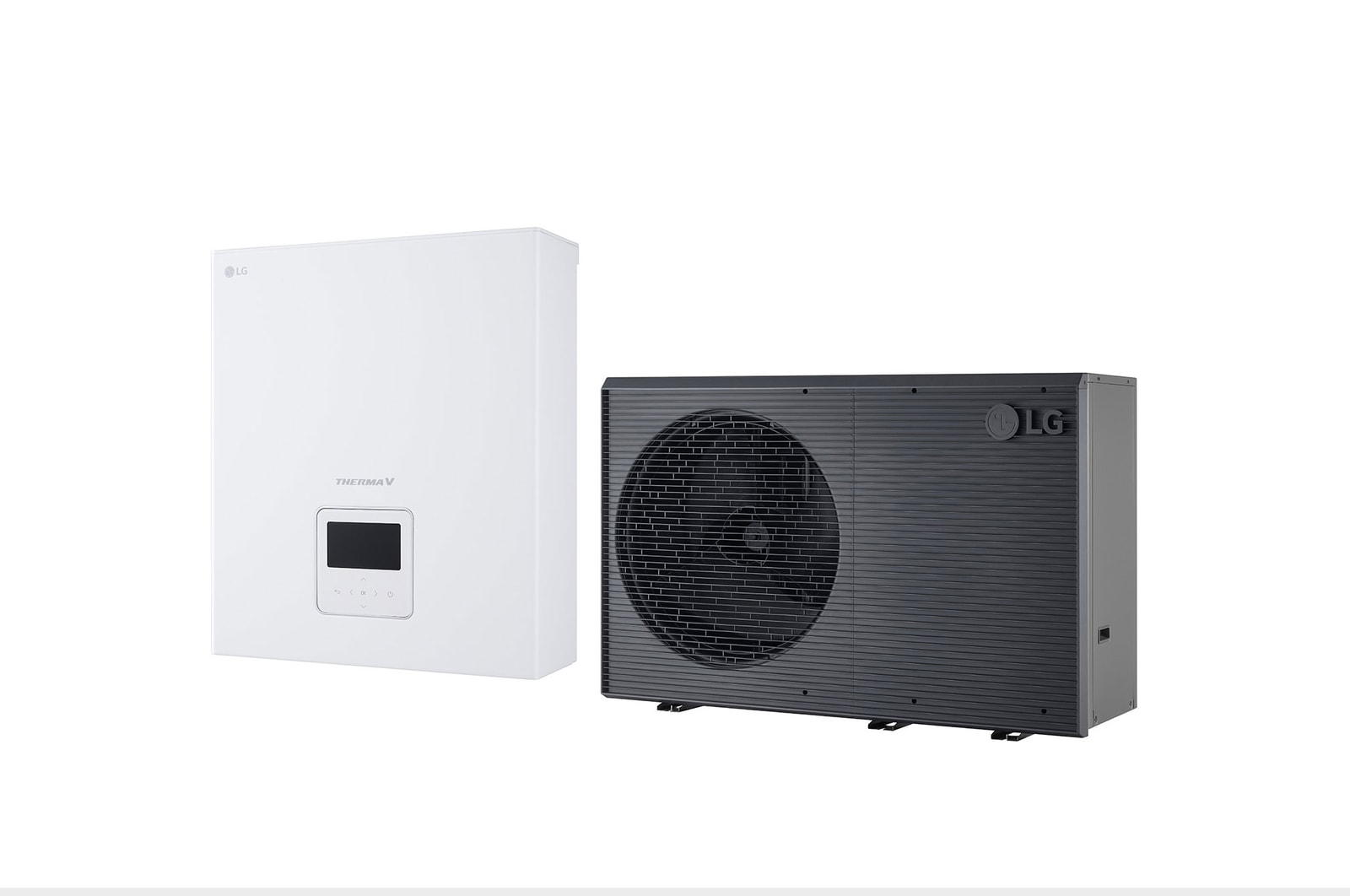 LG luft-vattenvärmepump THERMA V, en svart utomhusenhet med en grå grill.