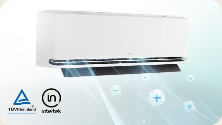 En vit väggmonterad luftkonditionering med ionizer-funktion och logotyper för TÜV Rheinland och Intertek.