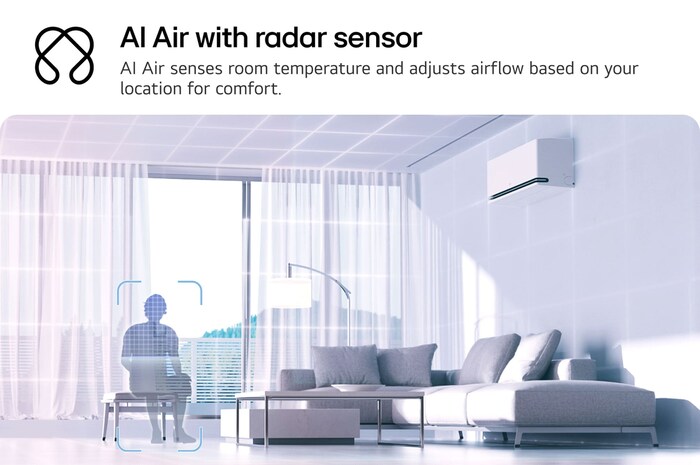 Illustration of LG AI Air technology in a living room with a wall-mounted air conditioner. The system adjusts airflow by sensing room temperature and user location. The accompanying text reads: 'AI Air with radar sensor: AI Air senses room temperature and adjusts airflow based on your location for comfort.'