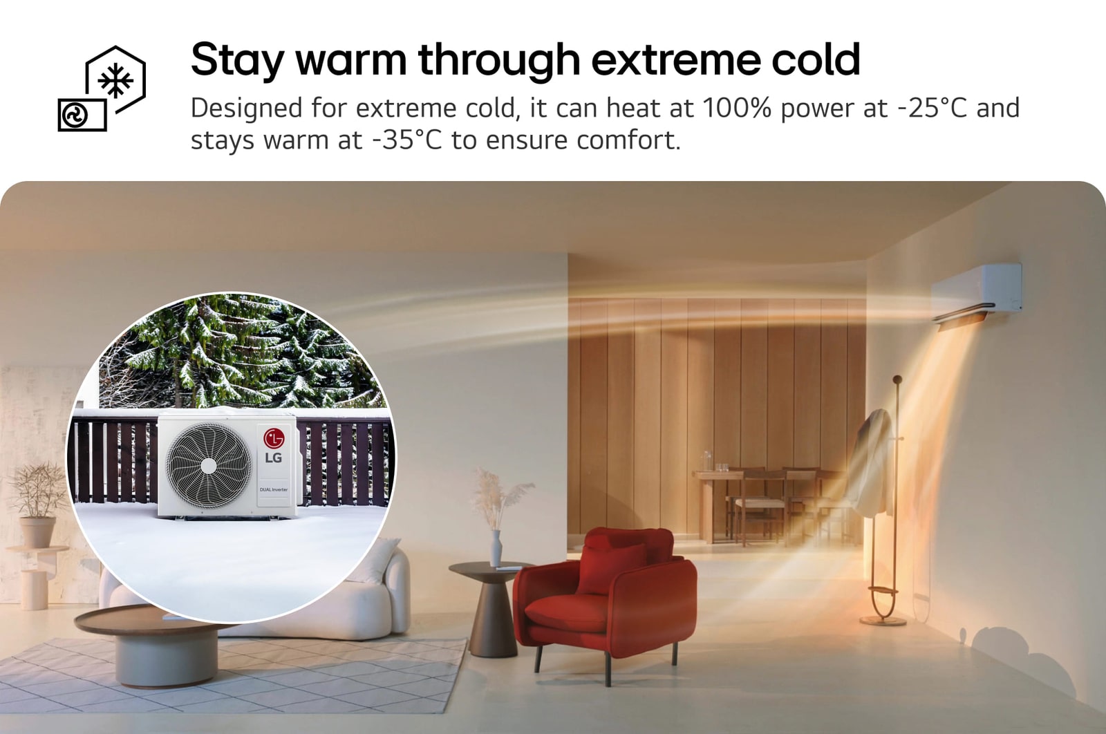 LG air conditioner for extreme cold, showing warm airflow in a living room and an outdoor unit in snowy conditions. Text reads: 'Stay warm through extreme cold. Designed for extreme cold, it can heat at 100% power at -25℃ and stays warm at -35℃ to ensure comfort.