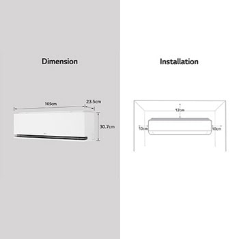 Image showing LG air conditioner dimensions and installation guidelines. Dimensions: 89.5cm width, 23.5cm depth, and 30.7cm height. Installation: Requires 10cm clearance on both sides, 12cm above.