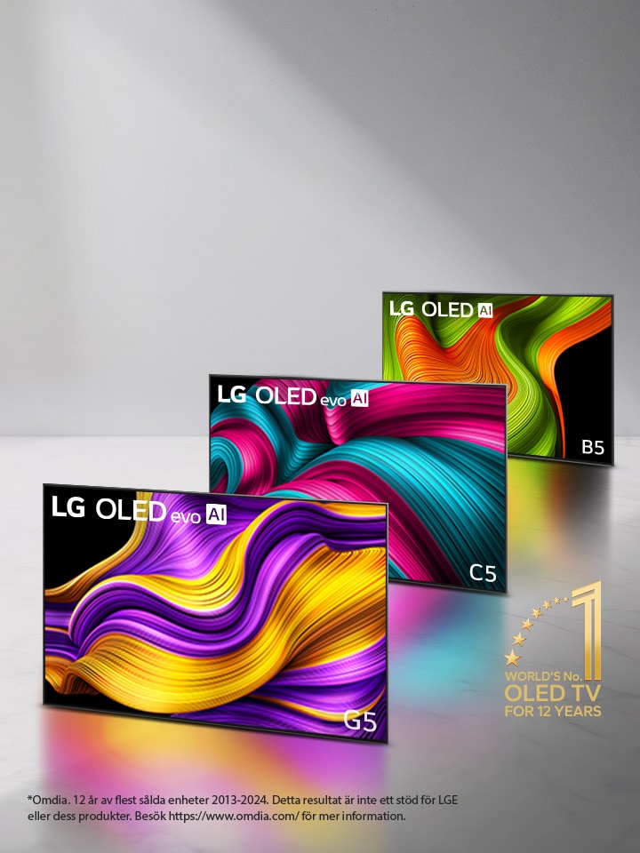 En uppställning av tre LG OLED evo AI TV-apparater, C5, G5 och B5 TV. Emblemet "Världens ledande OLED-TV i 12 år" syns i hörnet. 