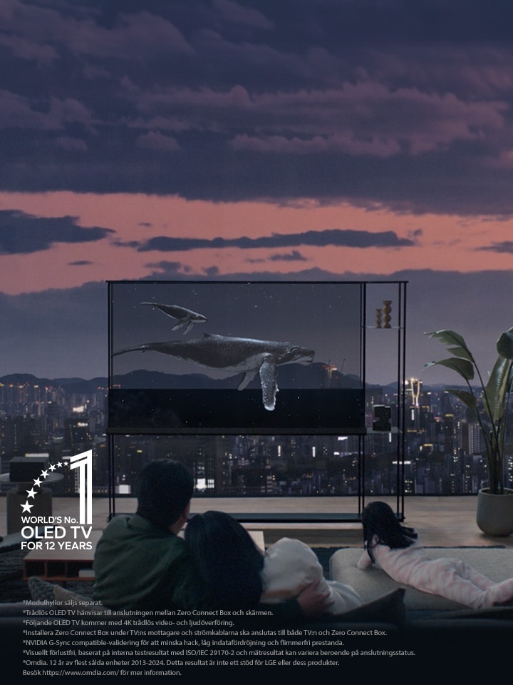 En val simmar över LG SIGNATURE OLED T när skuggan dras ned för att visa kvällens stadssilhuett. Folk sitter i soffan i förgrunden mot TV:n och fönstret. Zero Connect Box är placerad på ett litet bord till vänster om TV:n.