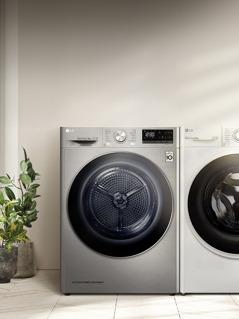 Bilden visar en tvättmaskin och en torktumlare sida vid sida.