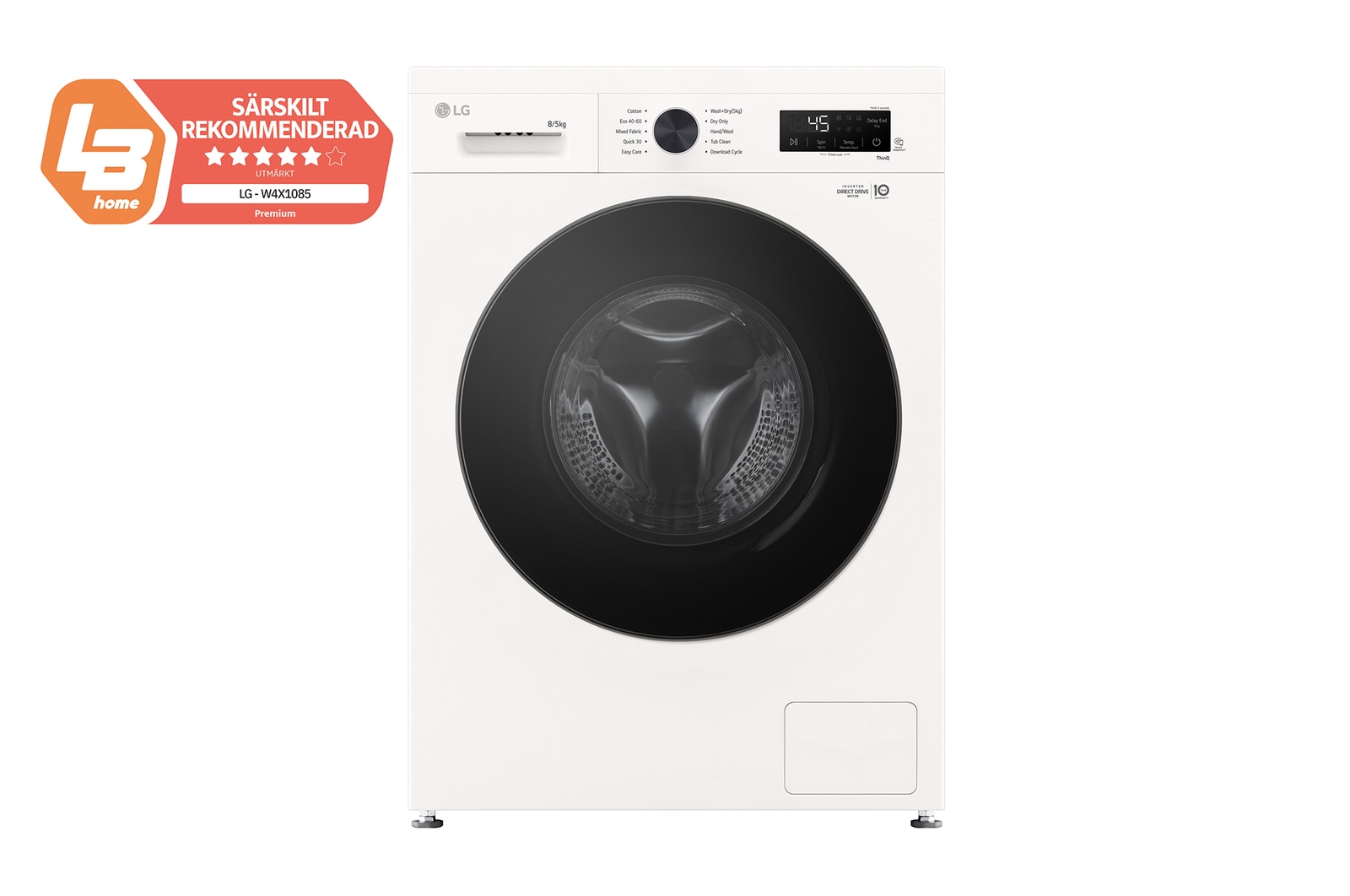 Vy framifrån av 8 kg / 5 kg Kombinerad tvätt/tork(Essence White) - Steam, Energiklass A/E, 6 Motion DD™, Smart Diagnosis™ med Wi-Fi W4X1085NWB