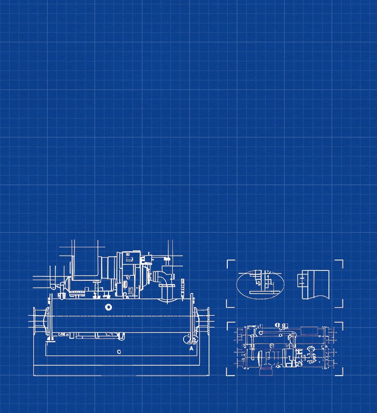 Technical blueprint of LG chiller system showing labeled components and flow configurations for HVAC cooling