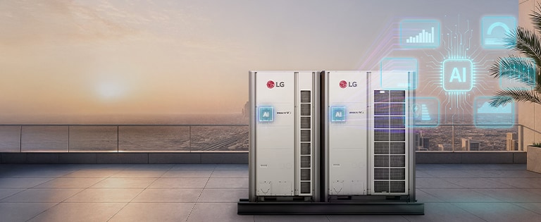 A rendering image showing the installation of LG VRF systems on the rooftop of a building.