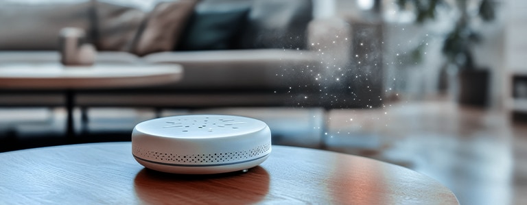 A rendering image shows that air purifier is working to help make the livingroom clean and well ventilated.