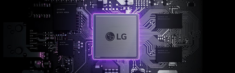 A rendering image showing a LG AI chip densely organized with various components.