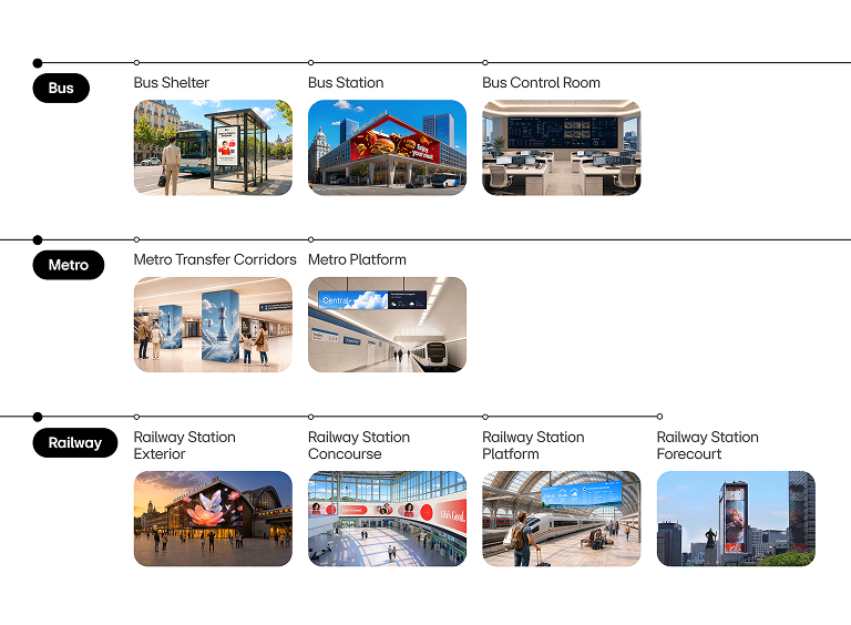 LG commercial displays enhancing passenger experiences and operational communication across bus, metro, and railway environments.