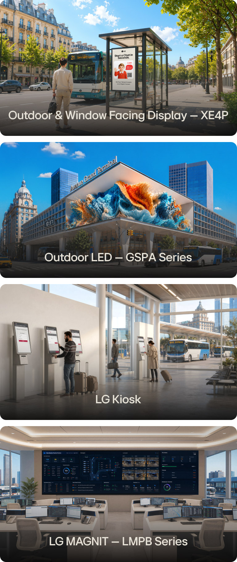 Showing LG's outdoor and indoor display series; 1. Top Left: XE4P — "LG XE4P window-facing display showing an orange ad at a European bus shelter." 2. Top Right: GSPA Series — "Curved LG GSPA outdoor LED with a wave visual wrapping a transit terminal façade." 3. Bottom Left: LG Kiosk — "LG self-service Kiosks serving travelers in a sunlit station concourse." 4. Bottom Right: LG MAGNIT (LMPB) — "LG MAGNIT LMPB video wall showing monitoring dashboards in a transit control room."