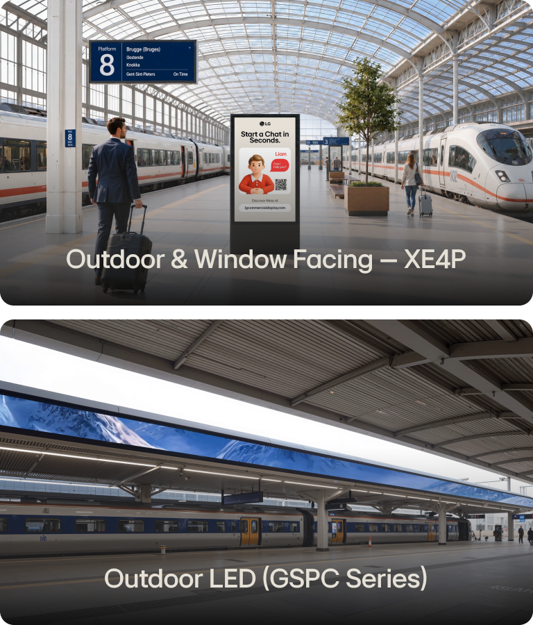 Showing outdoor led series(Outdoor & Window Facing - XE4P | Left, Outdoor LED - GSPC Series | Right) installed in railway station