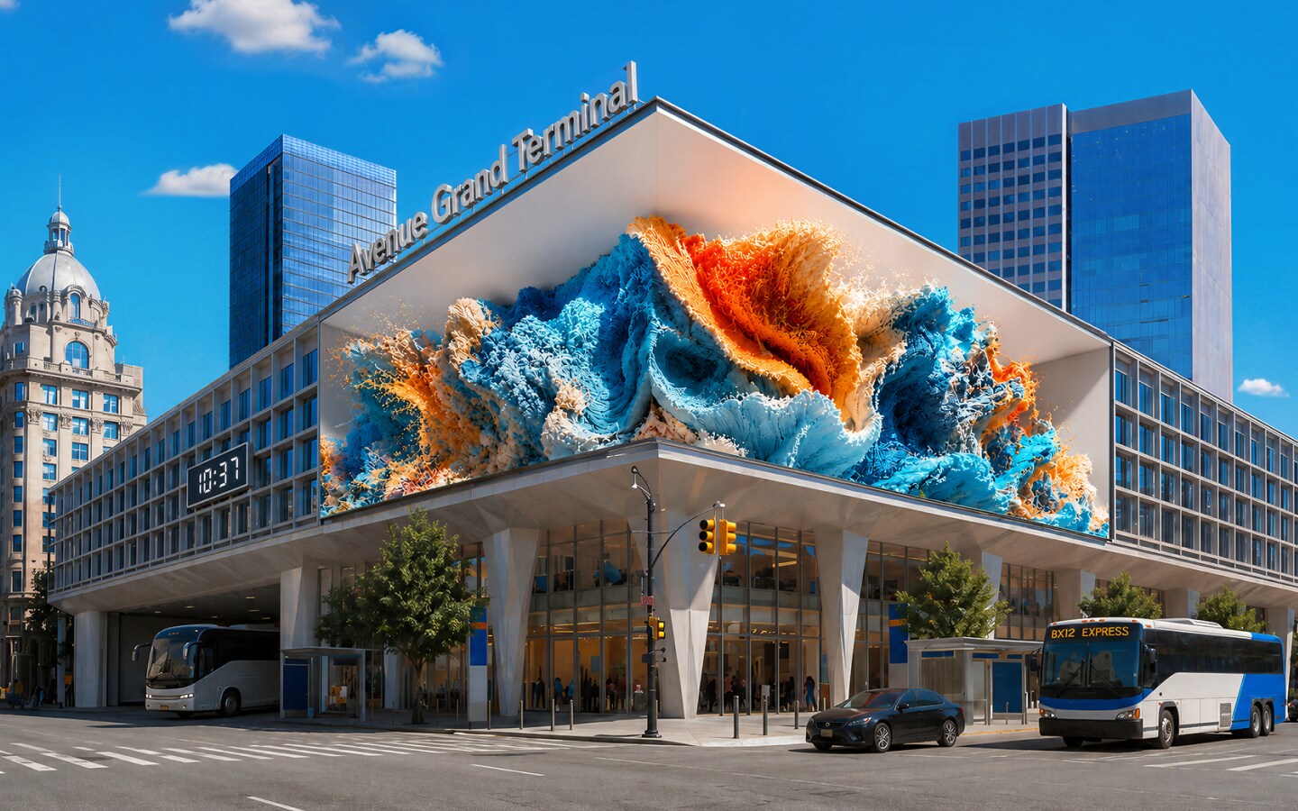 Curved LG GSPA outdoor LED with a wave visual wrapping a transit terminal façade.