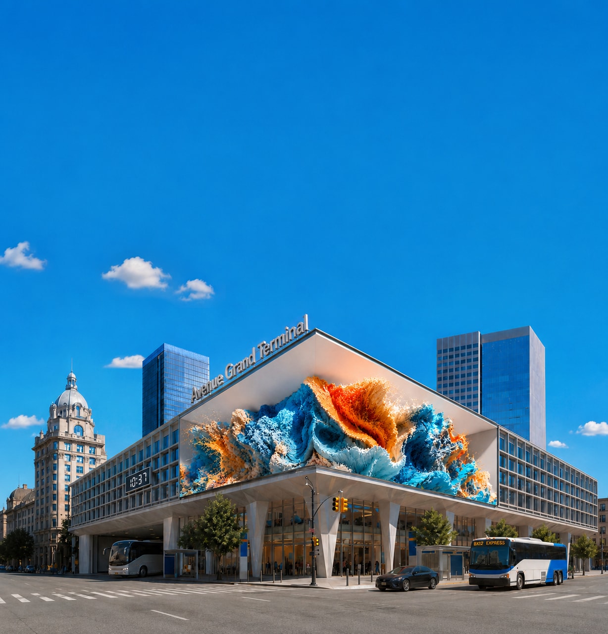 Curved LG GSPA outdoor LED with a wave visual wrapping a transit terminal façade.