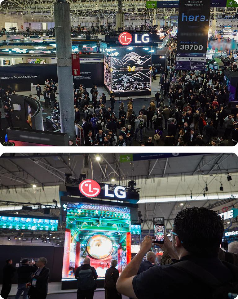 Crowds gathered to witness the visual impact of LG’s Media Facade, which blends high-definition Fine Pitch LED with Transparent Mesh technology. A visitor captured the dynamic visual display of the media façade on their smartphone, reflecting the high level of engagement at ISE 2026.