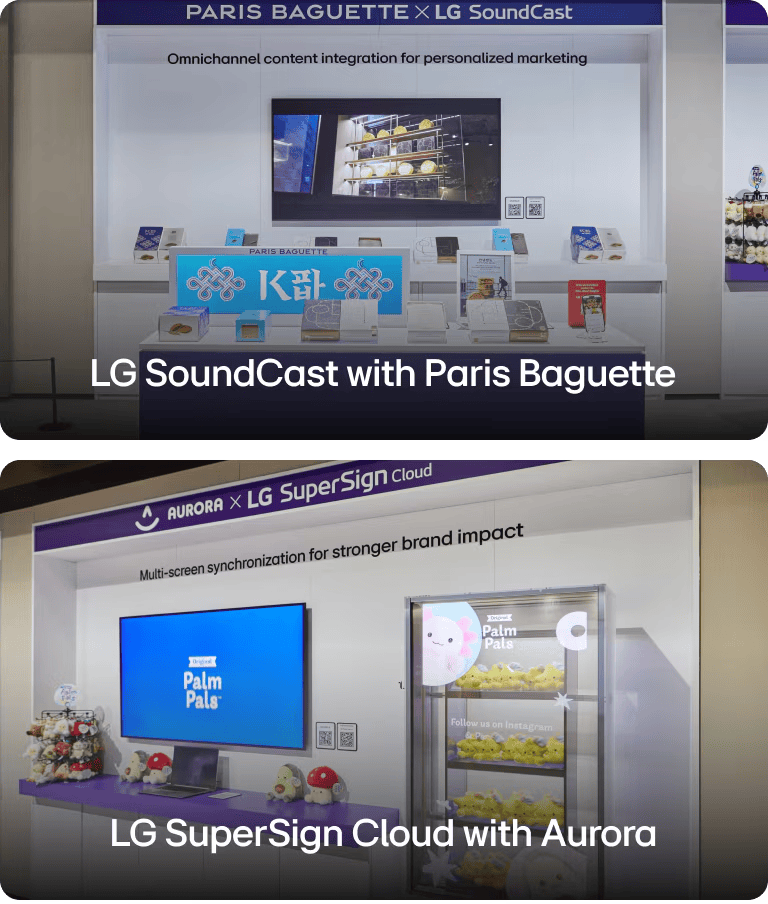 The Paris Baguette zone displayed a premium K-bakery environment, where LG digital signage and LG SoundCast technology integrated seamlessly with physical gift boxes and branded displays. The Aurora World zone showcased content synchronized through LG SuperSign Cloud across multiple signage displays, unifying branding and efficient promotion management in a colorful toy store setting.