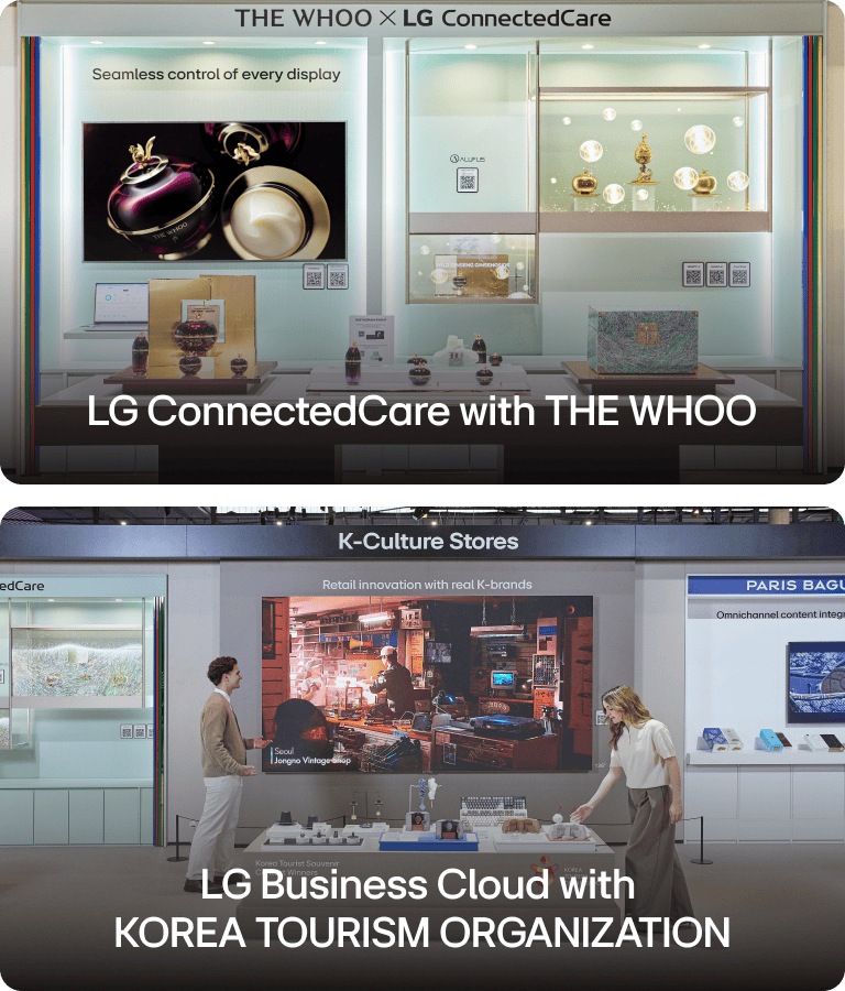A display of THE WHOO integrated with Transparent OLED and digital signage under LG ConnectedCare paired premium products with dynamic digital messaging. The LG LED All-in-One display presented immersive cultural content in a premium souvenir shop environment.