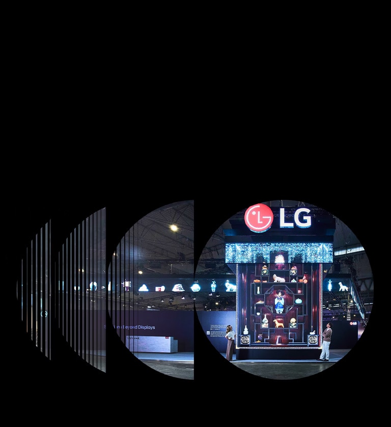 LG booth at ISE 2026 featuring a massive three-sided LED Tower and Transparent Mesh LED creating an immersive gateway