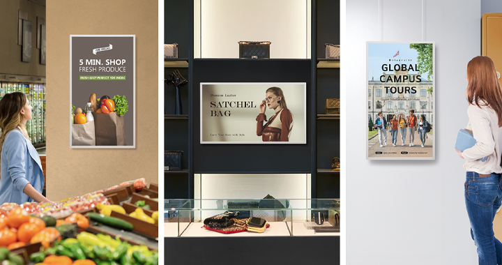 LG E-paper Displays are installed on walls in a grocery store, a retail store, and a campus building, each displaying advertisements and posters.