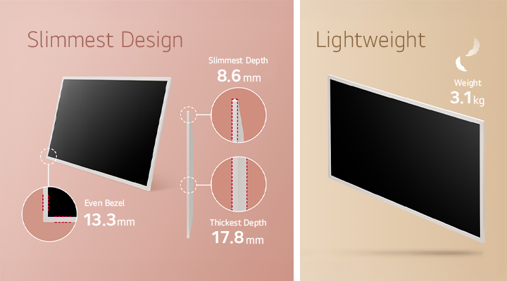 The LG E-paper Display features an even bezel of 13.3 mm and a slim design, with a slimmest depth of 8.6 mm and thickest depth of 17.8 mm, weighing just 3.1 kg.