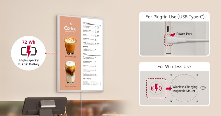 The LG E-paper Display, equipped with a built-in 72 Wh battery, supports both wired power via USB Type-C and wireless power using a magnetic-mounted, separately sold power bank.
