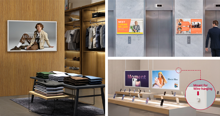 LG E-paper Displays are installed on walls in a clothing store and a corporate lobby, as well as suspended by wires in a telecom store, demonstrating various installation options.