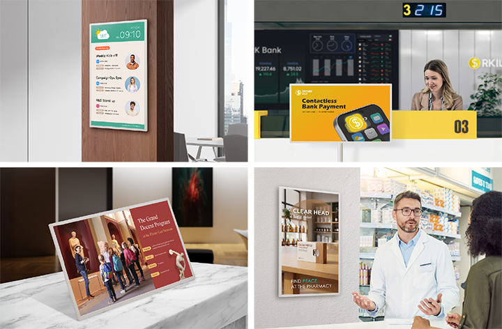 An LG E-paper Display is installed on a wall at the entrance of a meeting room, displaying information about scheduled meetings. An LG E-paper Display is installed at a bank service counter, displaying an advertisement. An LG E-paper Display is set up as an angled tabletop display on a museum desk, displaying information about a docent program. An LG E-paper Display is installed on a wall inside a pharmacy, displaying a medicine advertisement. 