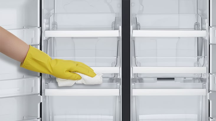 Person wearing a yellow glove wiping the inside shelves of an LG refrigerator with a white cloth.