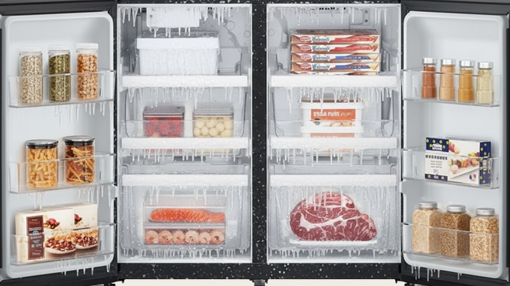 LG refrigerator with both doors open, showing organized frozen meat, vegetables, and food on clear shelves and drawers.