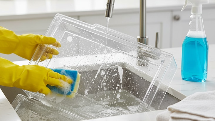 Person wearing yellow gloves washing a clear refrigerator drawer in a sink with a sponge and soapy water.