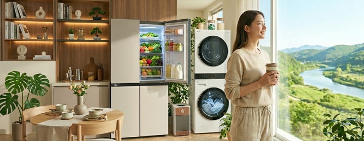 LG refrigerator open with fresh produce in a bright natural wood kitchen, beside a large window with plants and soft daylight.	