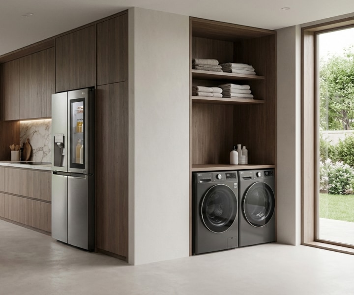 LG InstaView® refrigerator installed in a warm wood kitchen beside built-in cabinetry and a washer and dryer set near a window.