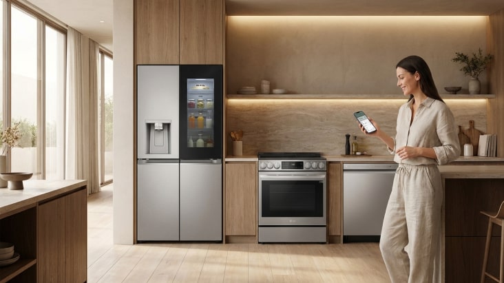 LG InstaView® refrigerator in a warm wood kitchen beside a silver oven and dishwasher, with a woman holding a phone.