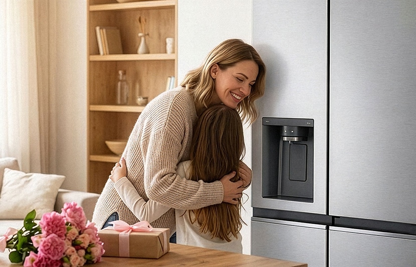 A mother and a child embracing next to a stainless-steel LG refrigerator, beside a bouquet of flowers and a gift on a table.