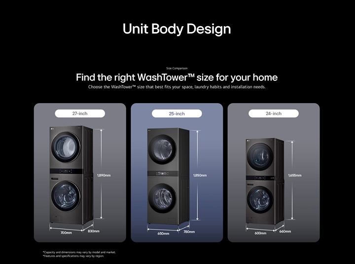 LG WashTower Unit Body Design chart compares 27-inch, 25-inch, and 24-inch sizes with height and width in mm.
