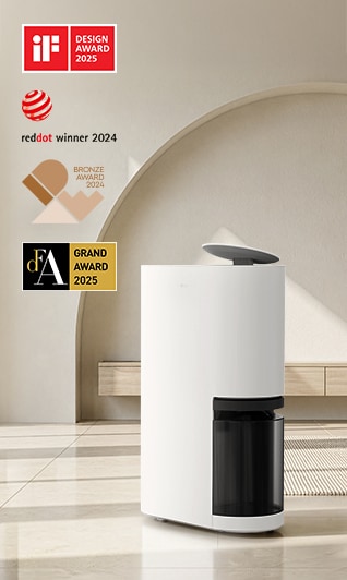LG dehumidifier with iF Design Award, Red Dot, DFA Grand Award and IDEA Award logos