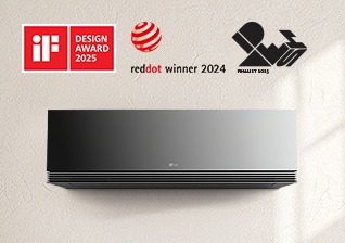 LG ARTCOOL with iF Design Award, Red Dot and IDEA Award logos