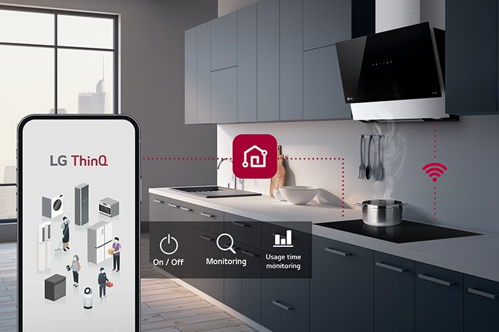 An image of an induction hob and a smartphone connected through ThinQ. There is an icon that expresses the functions of ThinQ, On/off, monitoring, usage time monitoring.
