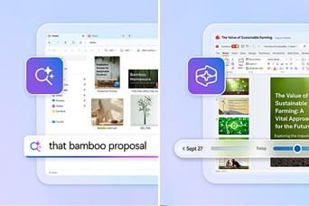 This image shows an LG gram laptop with a file search interface displaying organized folders and a query for “that bamboo proposal” on the left, and a presentation slide titled “The Value of Sustainable Farming” on the right, highlighting intelligent search and productivity tools.
