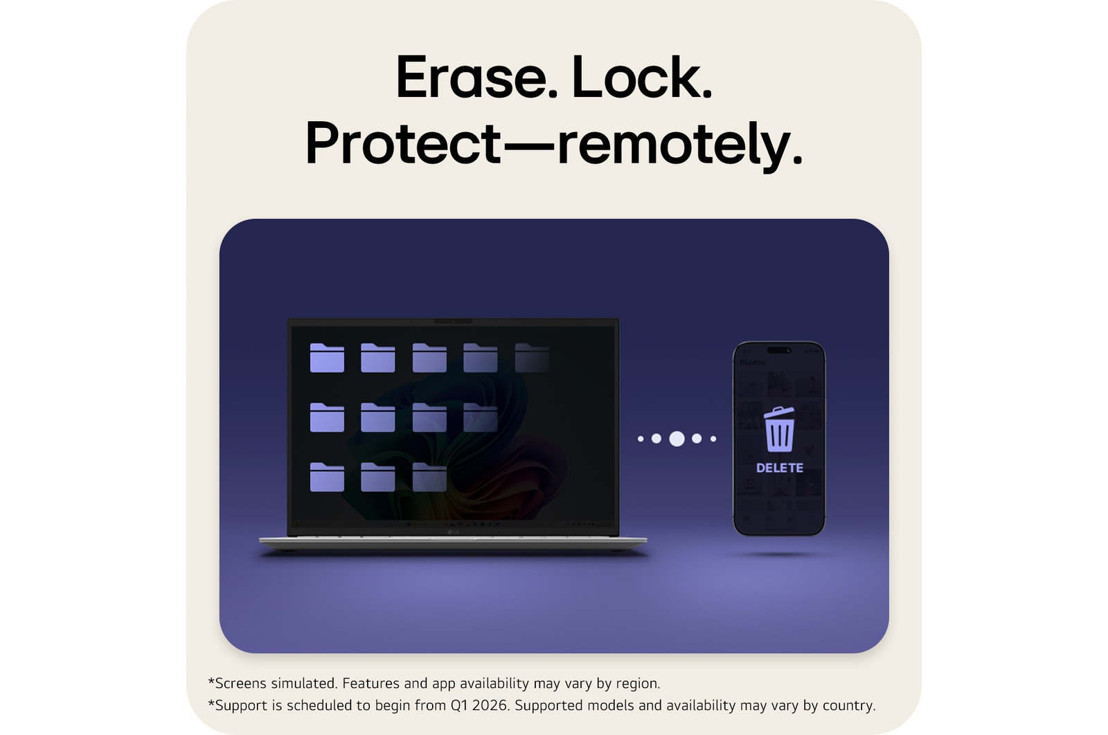 This image shows an LG gram laptop displaying folders alongside a connected phone with a delete icon, illustrating remote erase, lock, and protection features that allow securing laptop data from a mobile device.