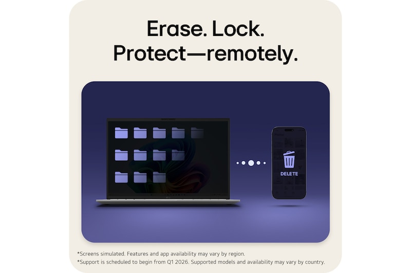 This image shows an LG gram laptop displaying folders alongside a connected phone with a delete icon, illustrating remote erase, lock, and protection features that allow securing laptop data from a mobile device.