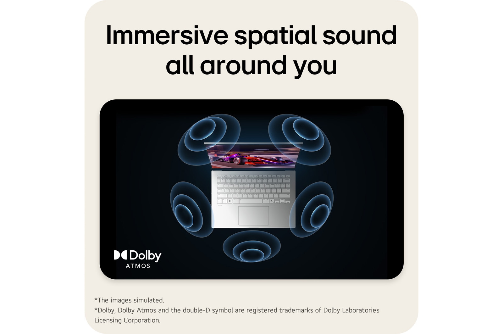 A top-down view of an LG gram laptop surrounded by circular sound wave graphics. The image visually represents immersive spatial audio, with Dolby Atmos branding shown on the lower corner of the scene.