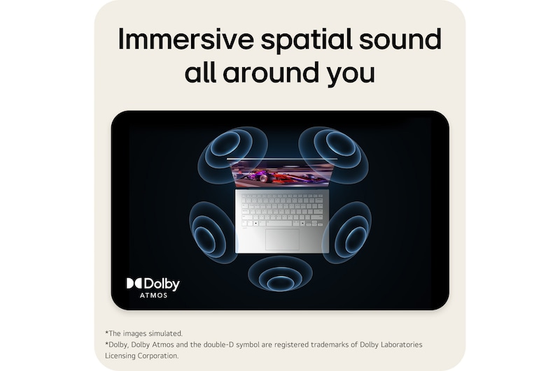 A top-down view of an LG gram laptop surrounded by circular sound wave graphics. The image visually represents immersive spatial audio, with Dolby Atmos branding shown on the lower corner of the scene.